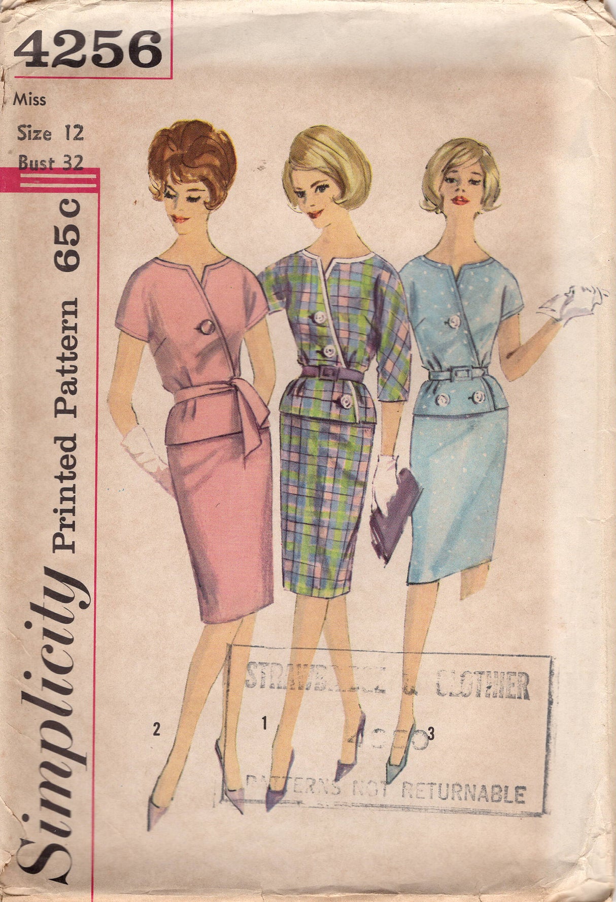 1960's Simplicity Two Piece Surplice Bodice Dress with Slim Skirt - Bust 32" - No. 4256