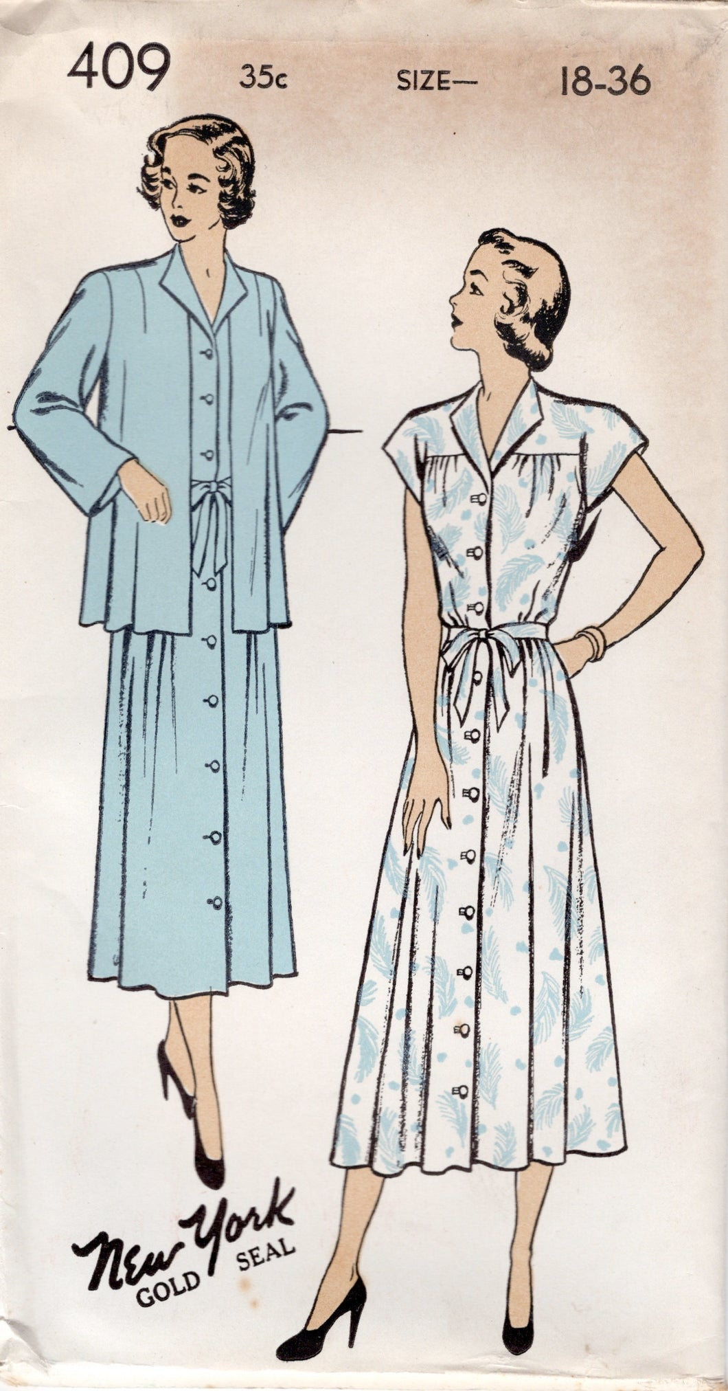 1940's New York Button Up Maternity Dress with Large Yoke and Collarless Jacket - Bust 32-36