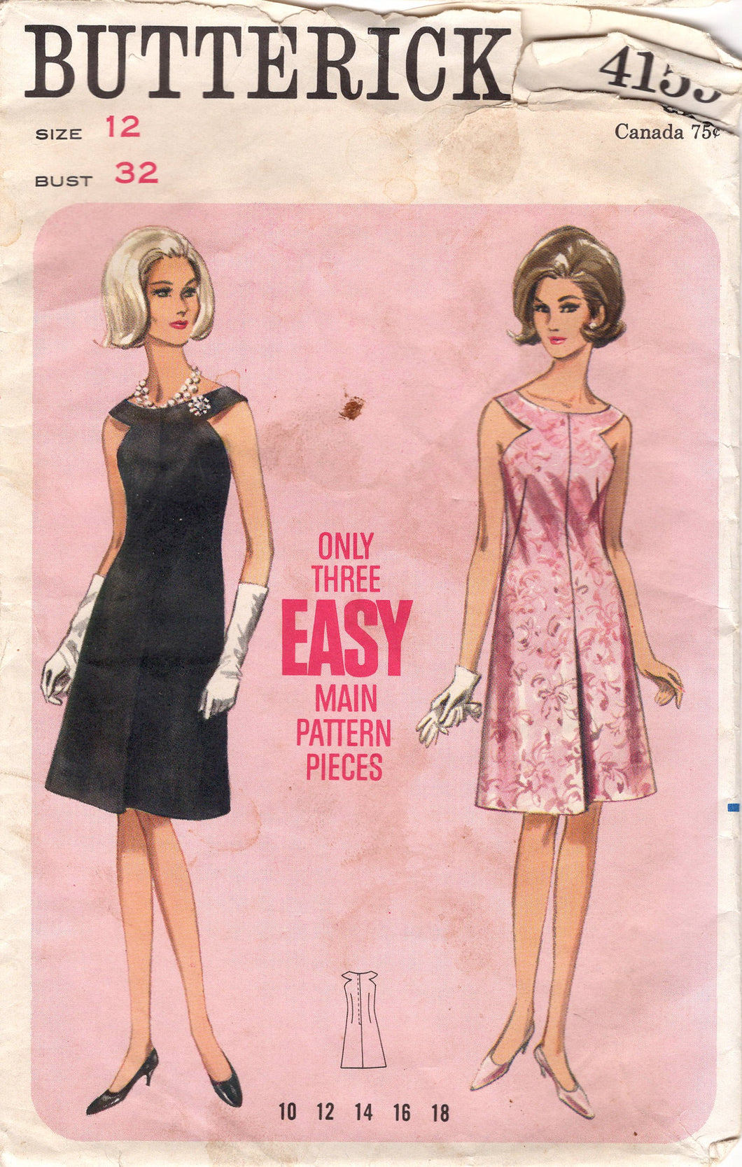 1960's Butterick One-Piece Shift Dress Pattern with Jeweled Neckline - Bust 32