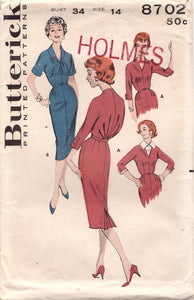 1950's Butterick Sheath Dress with Pleated Back and Shawl Collar or Dickey - Bust 34" - No. 8702