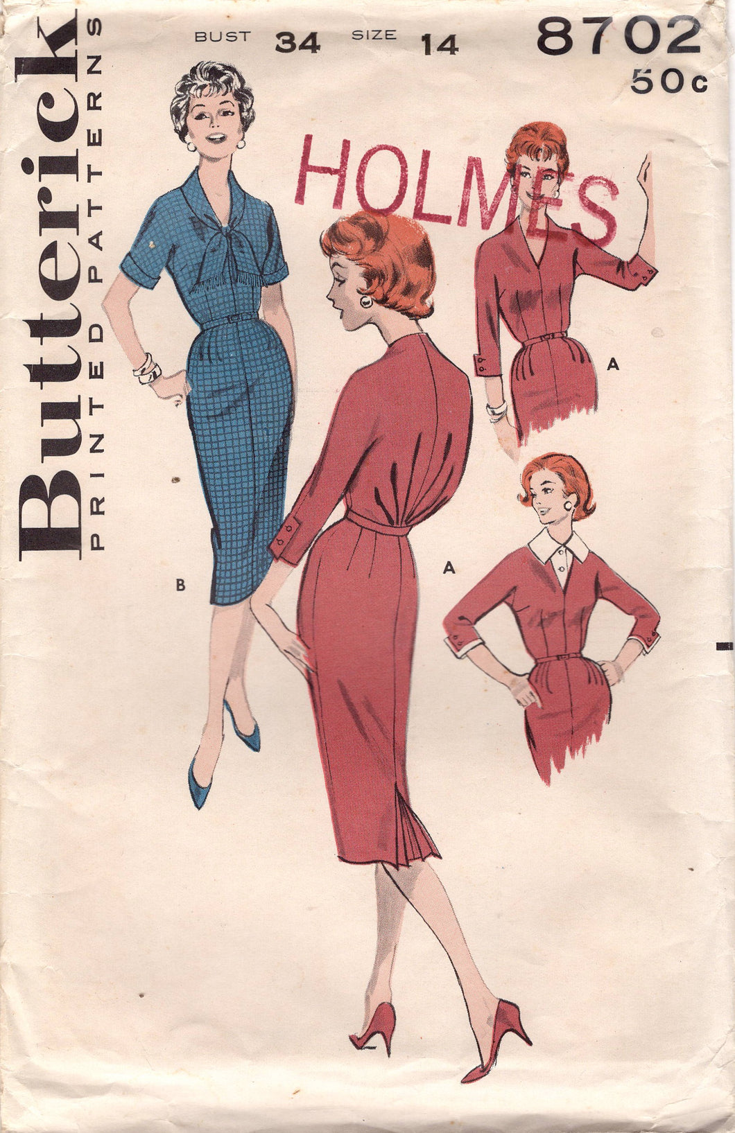 1950's Butterick Sheath Dress with Pleated Back and Shawl Collar or Dickey - Bust 34