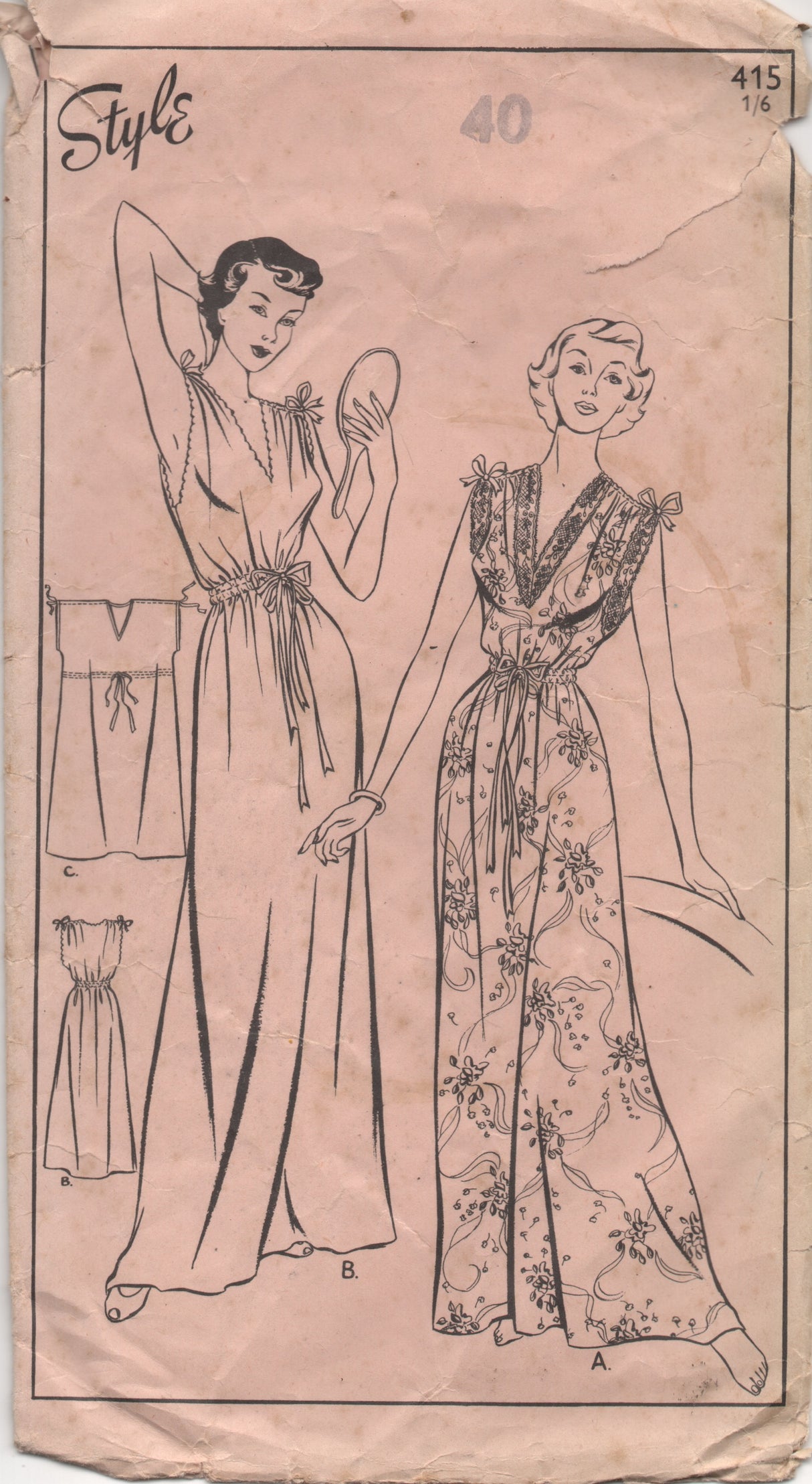 1940's Style Nightgown with Ties at Shoulders and Waist - Bust 40" - No. 415