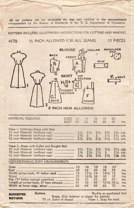 1940's Advance Shirtwaist Dress Pattern - Bust 32" - No. 4178