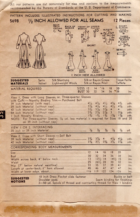 1950's Advance Sheath Dress Pattern with Tucked Bodice and Fishtail Skirt - Bust 36" - No. 5693