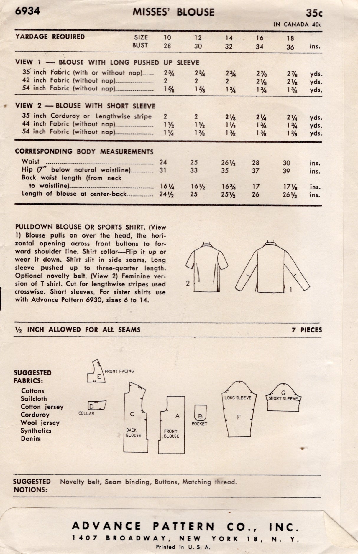 1950's Advance Yoked Shirt Pattern - Bust 34" - No. 6934