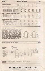 1950's Advance Yoked Shirt Pattern - Bust 34" - No. 6934