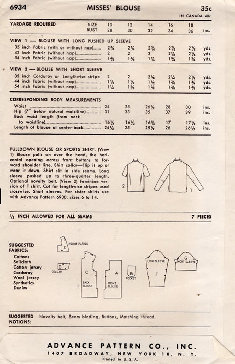 1950's Advance Yoked Shirt Pattern - Bust 34" - No. 6934