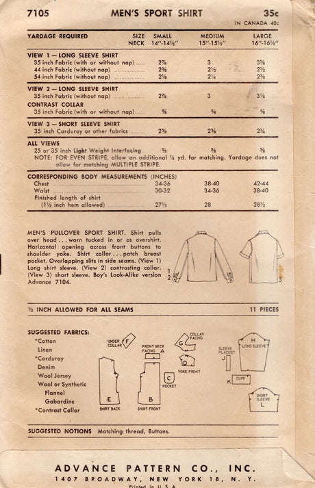 1950's Advance Men's Yoked Shirt Pattern - Chest 38-40" - No. 7105