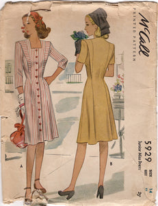 1940's McCall Princess Line Dress Pattern with Square neckline and Bretelle Accents - Bust 32" - No. 5929