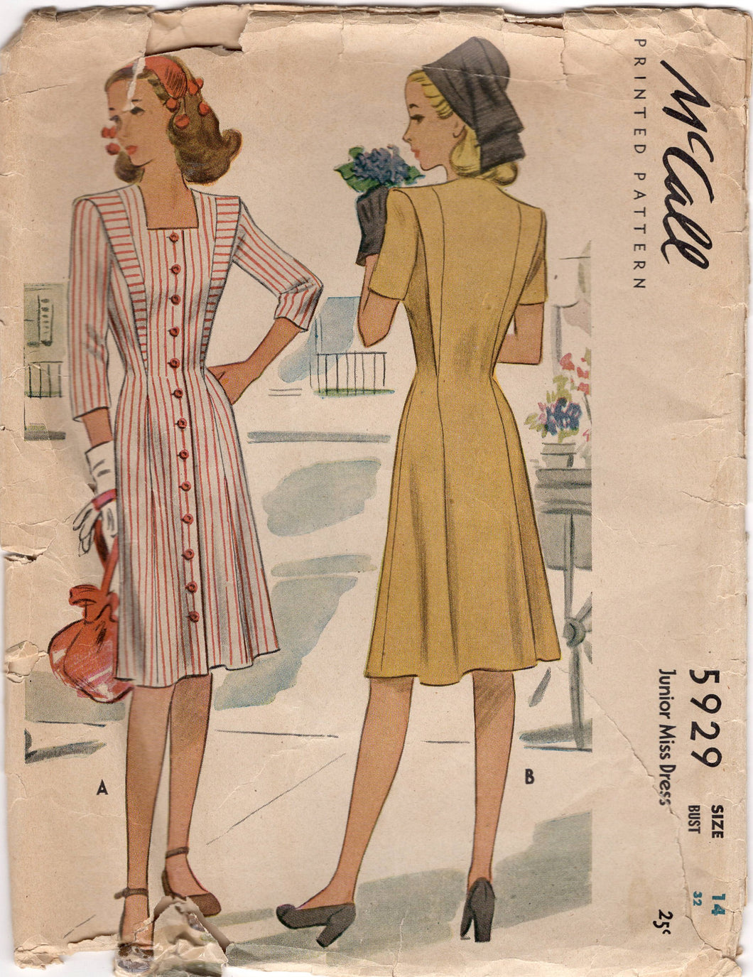1940's McCall Princess Line Dress Pattern with Square neckline and Bretelle Accents - Bust 32