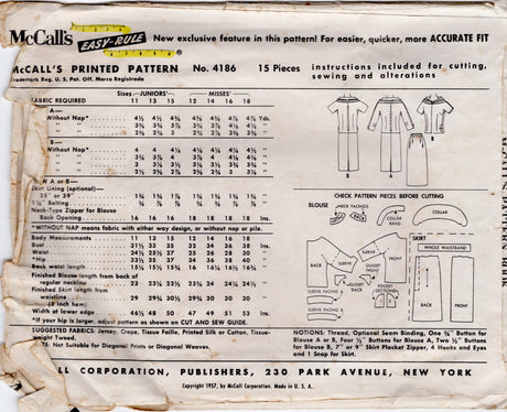 1950’s McCall's Two Piece Dress with Draped Collar and Neck Band - Bust 32” - No. 4186