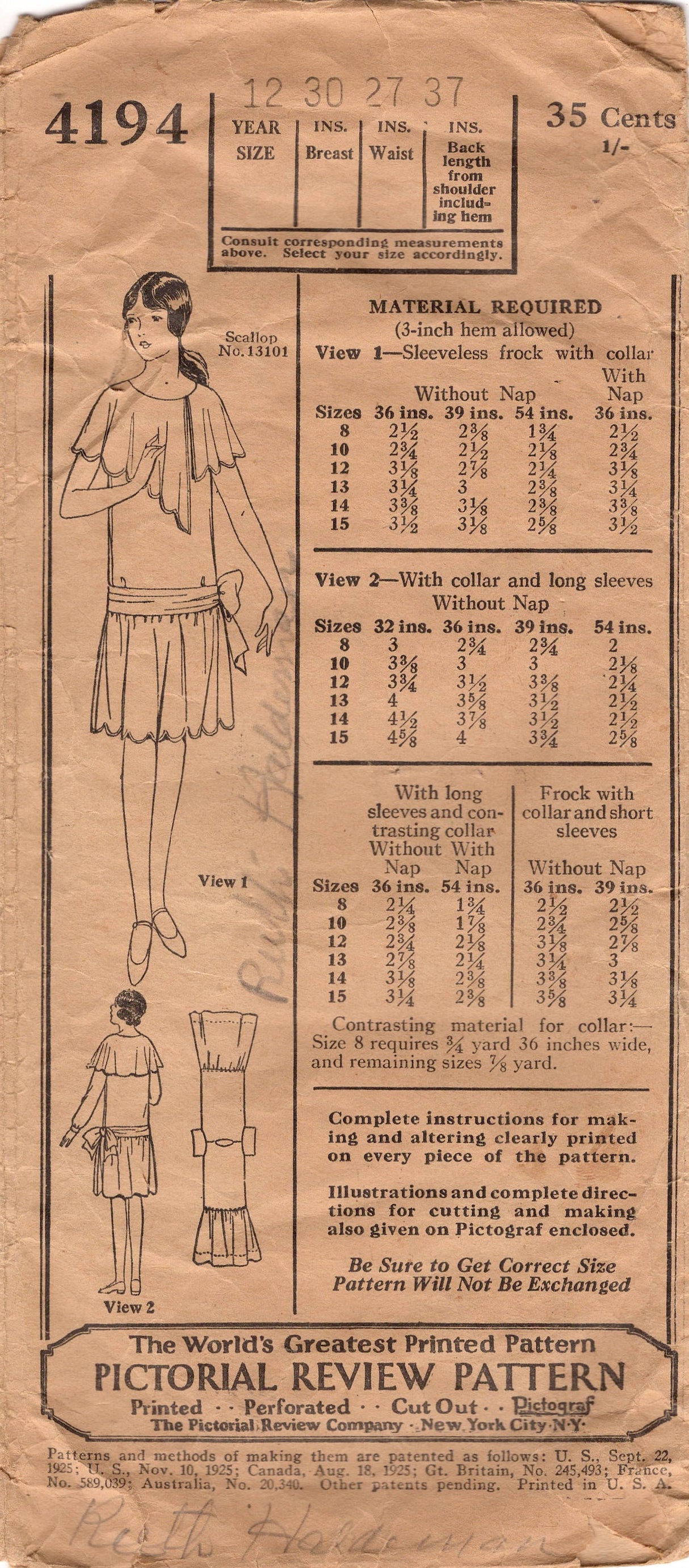 1920's Pictorial Review Girl's Drop Waisted Dress Pattern With Asymmetrical Collar - Bust 30" - No. 4194