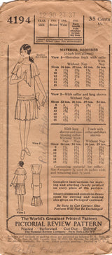 1920's Pictorial Review Girl's Drop Waisted Dress Pattern With Asymmetrical Collar - Bust 30" - No. 4194