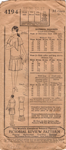 1920's Pictorial Review Girl's Drop Waisted Dress Pattern With Asymmetrical Collar - Bust 30