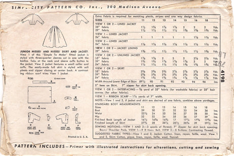 1950's Simplicity Softly Pleated Skirt and Button Front Jacket Pattern - Bust 32" - No. 4198