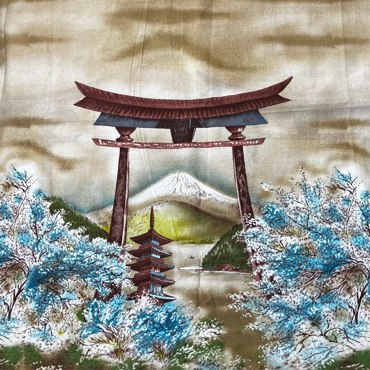 1950’s Mt Fuji John Wolf Border Print Cotton fabric - tan and blue colorway (P52)