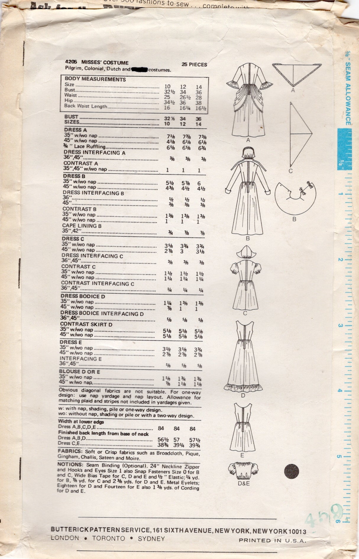 1970's Butterick Pilgrim, Colonial, and Dirndl Dress Pattern - Bust 32.5" - No. 4205