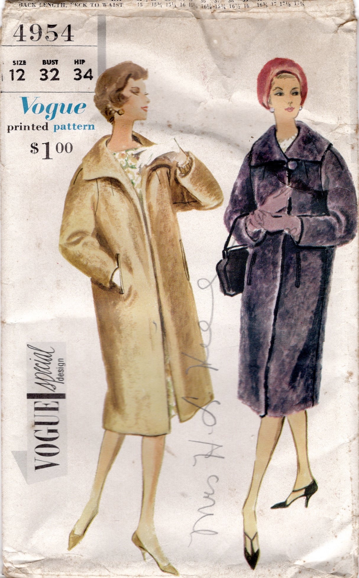 1950's Vogue Special Design Straight Line Coat Pattern with shaped Collar - Bust 32" - No. 4954