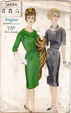 1960's Vogue Sheath Dress Pattern with Crossover Bodice and Tucked Front Skirt - Bust 32