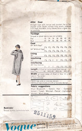 1950's Vogue Special Design Straight Line Coat Pattern with shaped Collar - Bust 32" - No. 4954