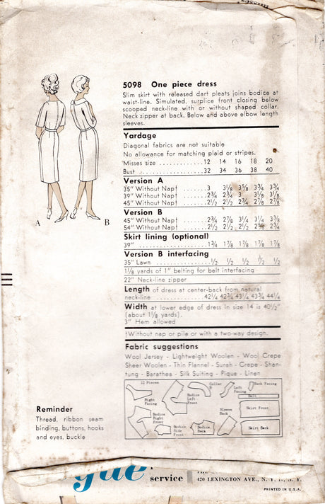 1960's Vogue Sheath Dress Pattern with Crossover Bodice and Tucked Front Skirt - Bust 32" - No. 5098