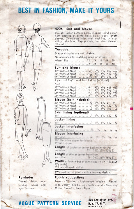 1960's Vogue Two Piece Suit and Blouse Pattern - Bust 32" - No. 4206