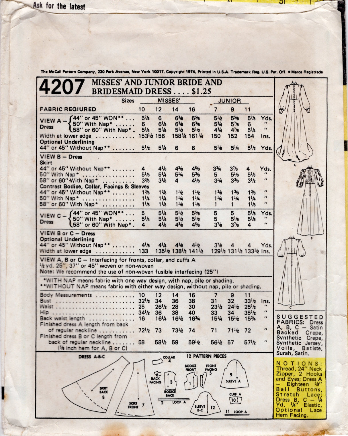 1970's McCall's Empire Waist Wedding or Bridesmaid Dress Pattern - Bust 32.5" - No. 4207