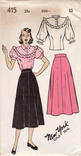 1940's New York by Louise Scott Blouse with Large Ruffle, Puff Sleeves and A line skirt - Bust 31-33" - No. 415