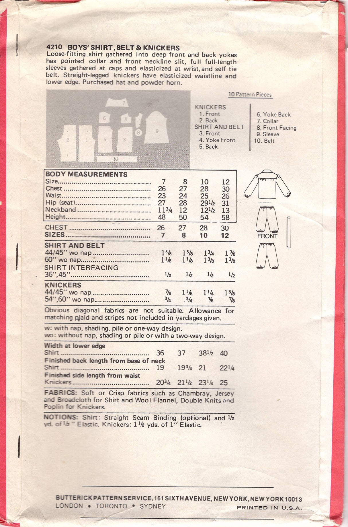 1970's Butterick Boy's Centennial Shirt , Belt and Knickers Pattern - Chest 30" - No. 4210