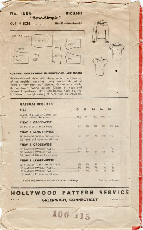 1940's Hollywood Raglan Sleeve Blouse Pattern - Bust 34" - No. 1686