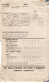 1940's Hollywood Skirts in Two Styles Pattern - Waist 28" - No. 994