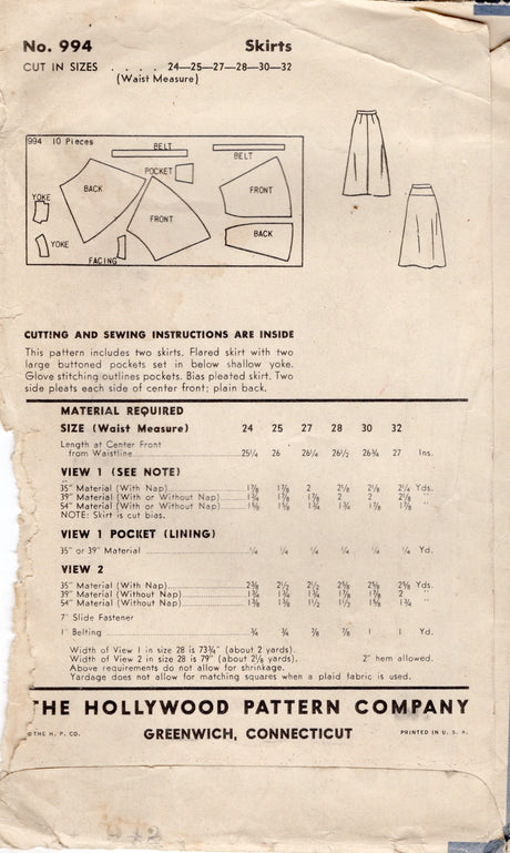 1940's Hollywood Skirts in Two Styles Pattern - Waist 28" - No. 994