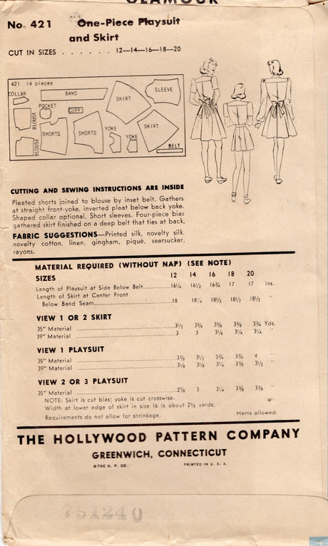 1940's Hollywood Playsuit and Skirt Pattern - Bust 34" - No. 421