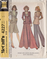 1970's McCall's Unlined Jacket with Patch pockets, Midi or Maxi Skirt and Pants Pattern - Bust 38" - No. 4227