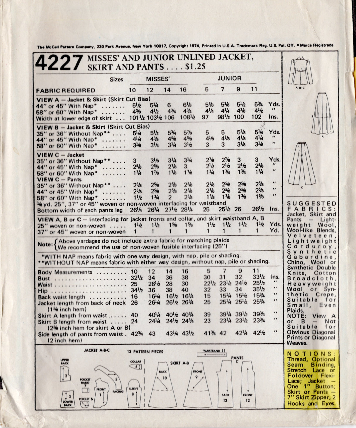 1970's McCall's Unlined Jacket with Patch pockets, Midi or Maxi Skirt and Pants Pattern - Bust 38" - No. 4227