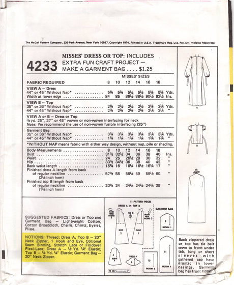 1970's McCall's Maxi Dress and Top Pattern with Puff or Long Sleeves - Bust 31.5" - No. 4233