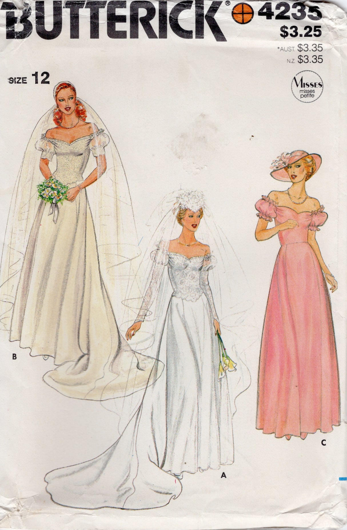 1980's Butterick Wedding Dress Pattern, Off Shoulder Neckline Bridal Gown and Bridesmaid Dress Pattern - Bust 34" - no. 4235