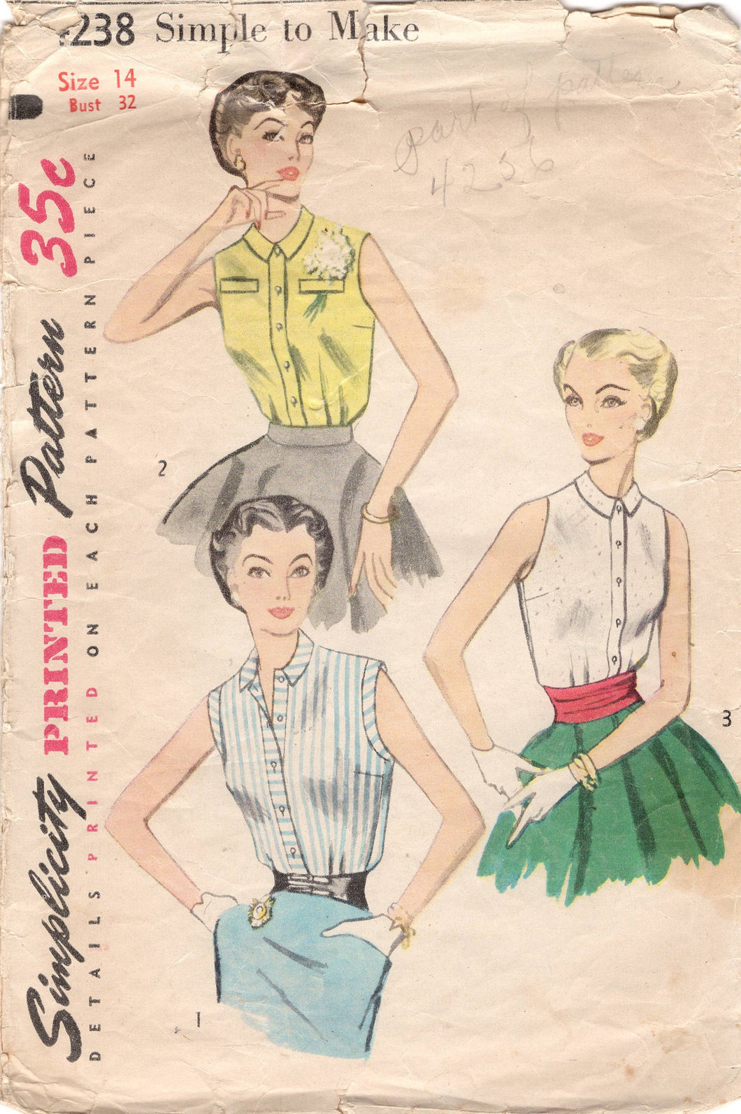1950's Simplicity Sleeveless Button-Up Blouse - Bust 32
