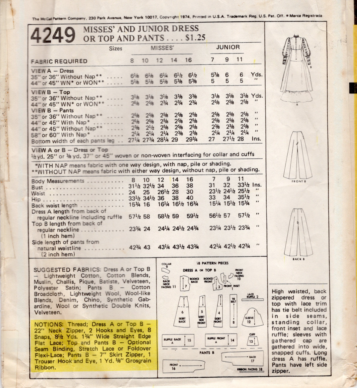 1970's McCall's Gunnesax style Prairie Dress, Top or High Waisted Pants - Bust 34" - No. 4249