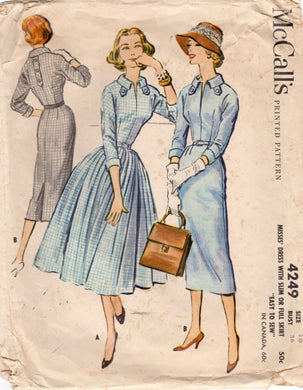 1950's McCall's Fit and Flare or Sheath Dress with Slit Neckline and Tab Accents - Bust 36