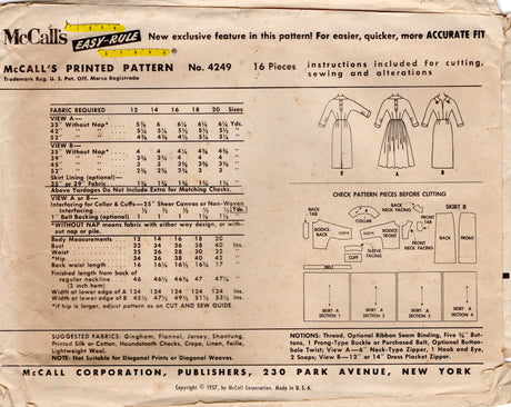 1950's McCall's Fit and Flare or Sheath Dress with Slit Neckline and Tab Accents - Bust 36" - No. 4249