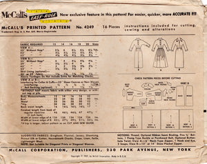 1950's McCall's Fit and Flare or Sheath Dress with Slit Neckline and Tab Accents - Bust 36" - No. 4249