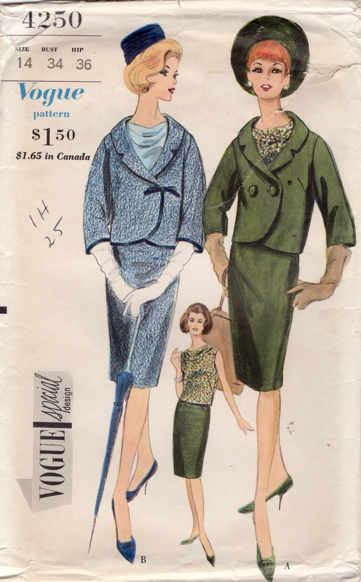 1960's Vogue Two Piece Suit and Blouse Pattern - Bust 34" - No. 4250