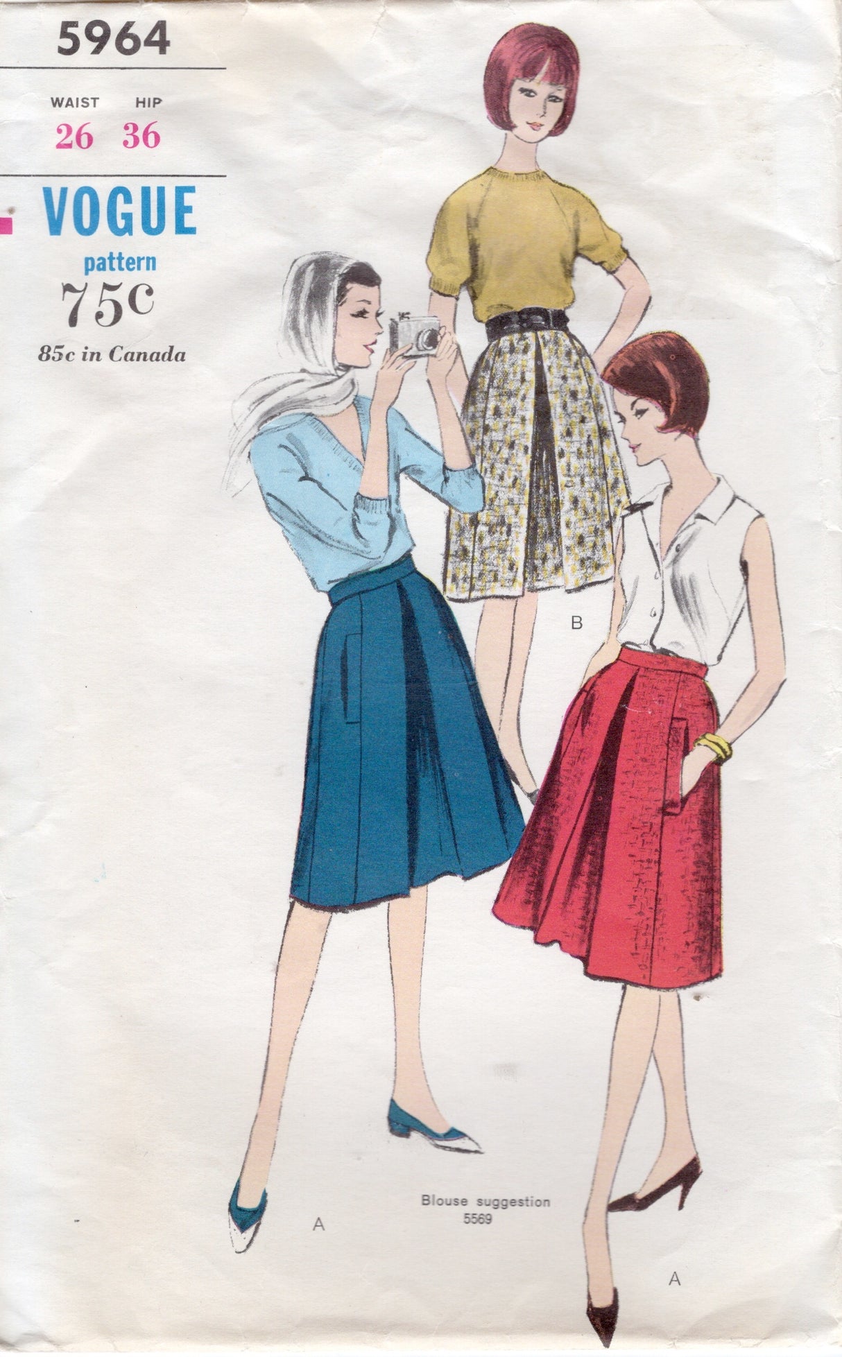 1960's Vogue A-line Skirt Pattern with Inverted Pleat and Pockets - Waist 26" - No. 5964