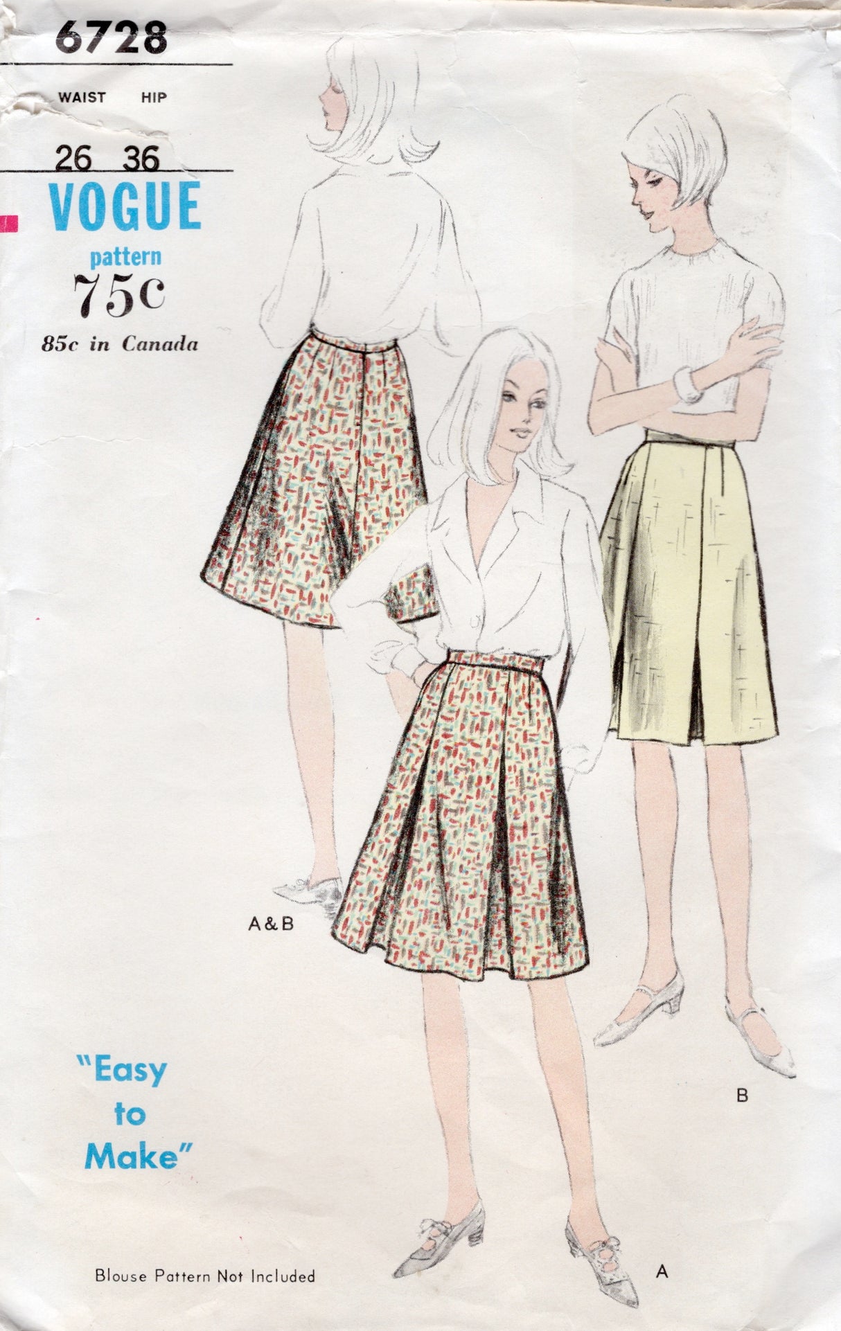 1960's Vogue A-line Skirt Pattern with Inverted Pleats- Waist 26" - No. 6728