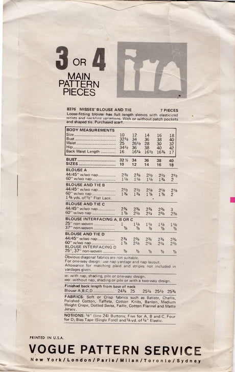 1970's Vogue Button Up Blouse Pattern with Long Sleeves and Tie - Bust 34" - No. 8376