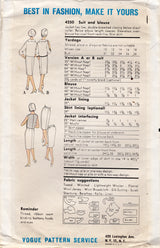 1960's Vogue Two Piece Suit and Blouse Pattern - Bust 34" - No. 4250