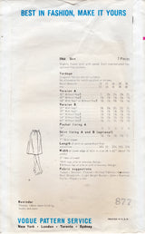 1960's Vogue A-line Skirt Pattern with Inverted Pleat and Pockets - Waist 26" - No. 5964