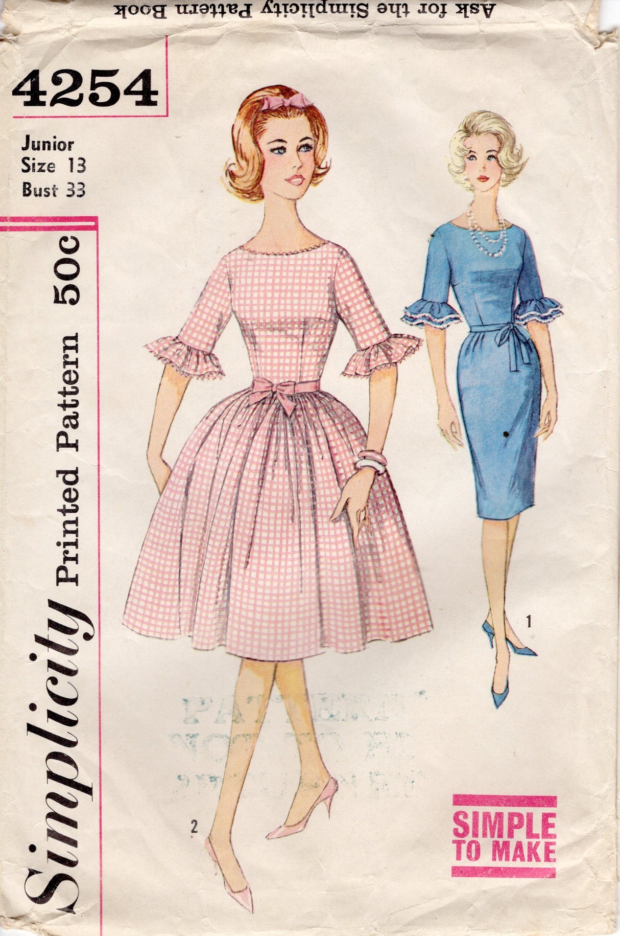 1960's Simplicity Fit and Flare Dress or Sheath Dress Pattern with Ruffle Cuff Sleeve - Bust 33" - No. 4254