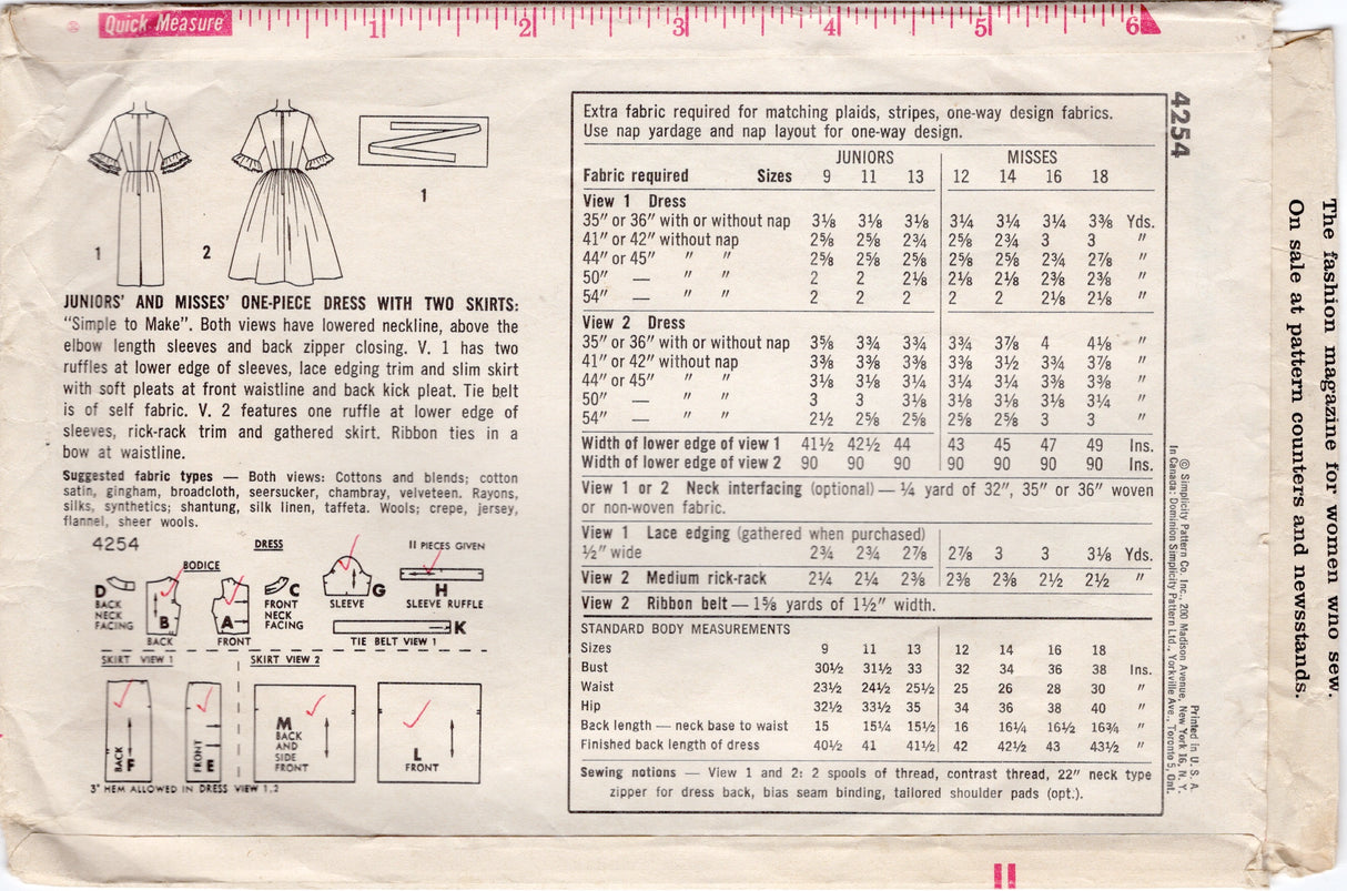 1960's Simplicity Fit and Flare Dress or Sheath Dress Pattern with Ruffle Cuff Sleeve - Bust 33" - No. 4254